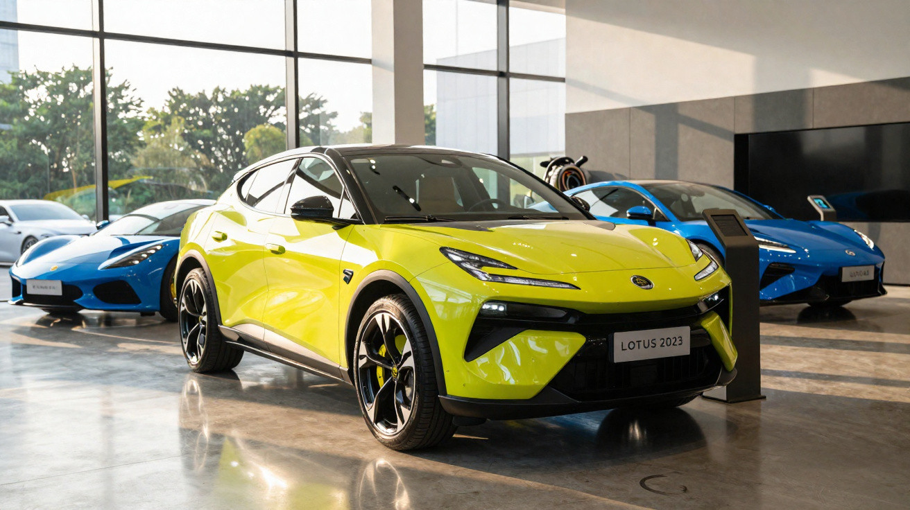 Carro esportivo elétrico amarelo Lotus 2023 em exposição interna com dois carros azuis ao fundo.