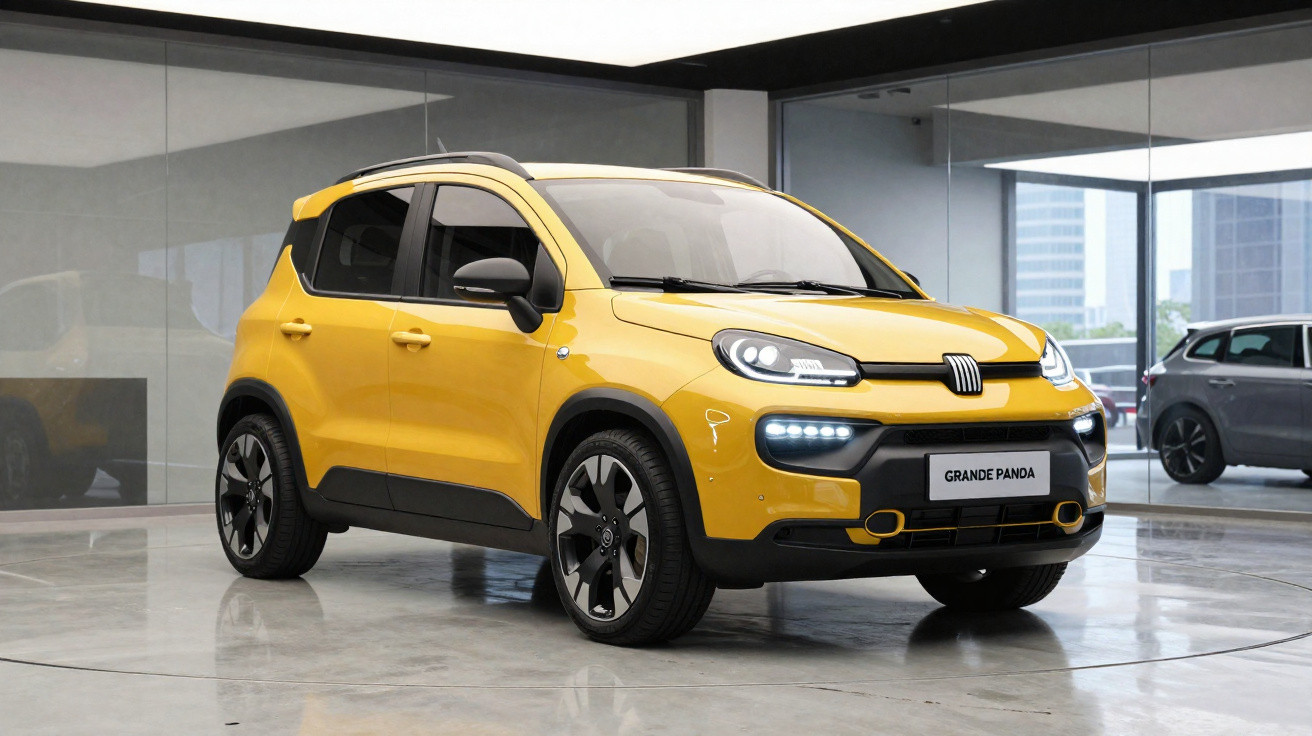 Carro SUV compacto amarelo Fiat Grande Panda estacionado em showroom moderno com piso brilhante.