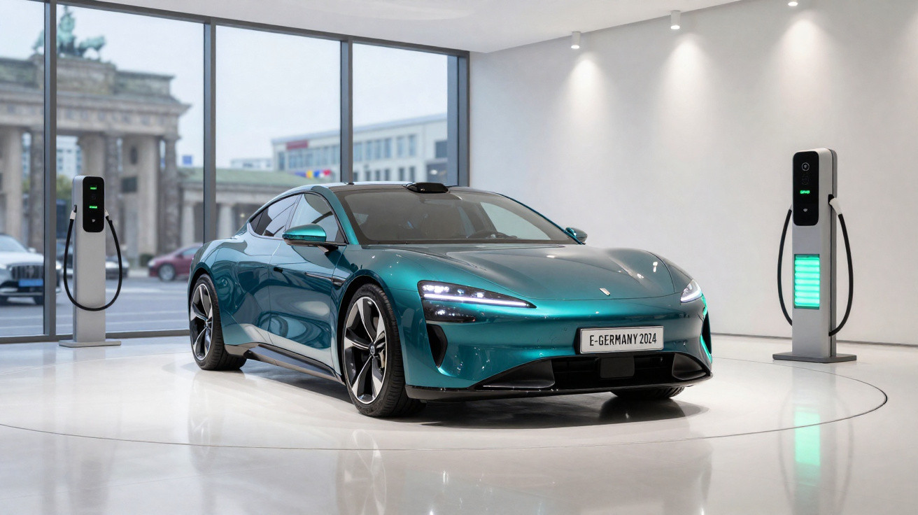 Carro esportivo elétrico verde em exibição em sala moderna com duas estações de carregamento ao lado.
