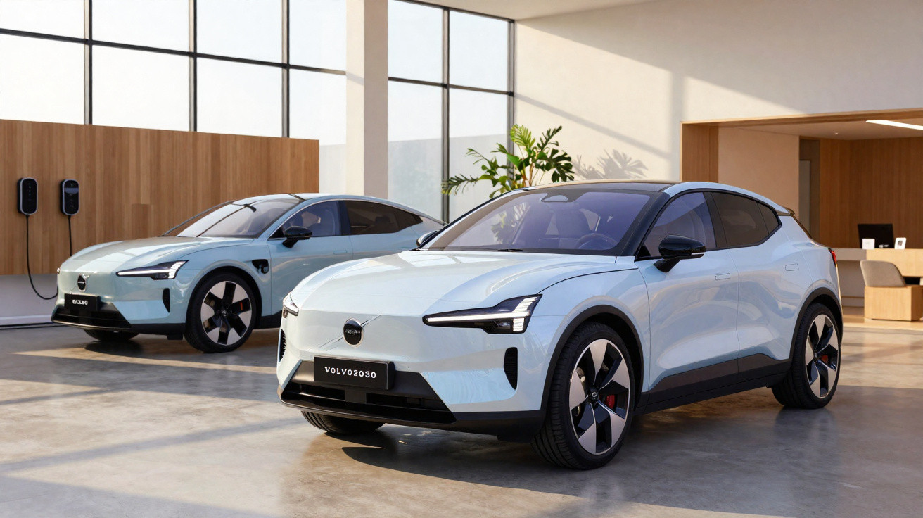 Dois carros elétricos Volvo Polestar 2 brancos em showroom moderno com parede de madeira e estações de carregamento.
