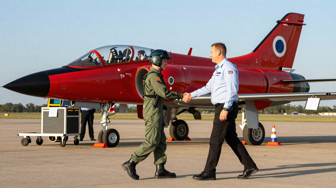 Piloto militar e oficial cumprimentam-se em pista ao lado de avião caça vermelho estacionado.