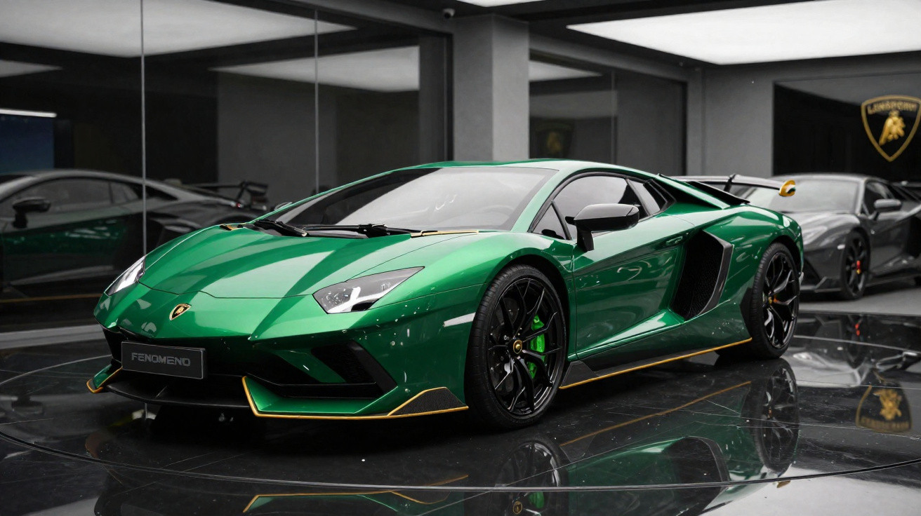 Carro esportivo Lamborghini verde com detalhes em amarelo, rodas pretas, mostrado em showroom refletindo no chão brilhante.