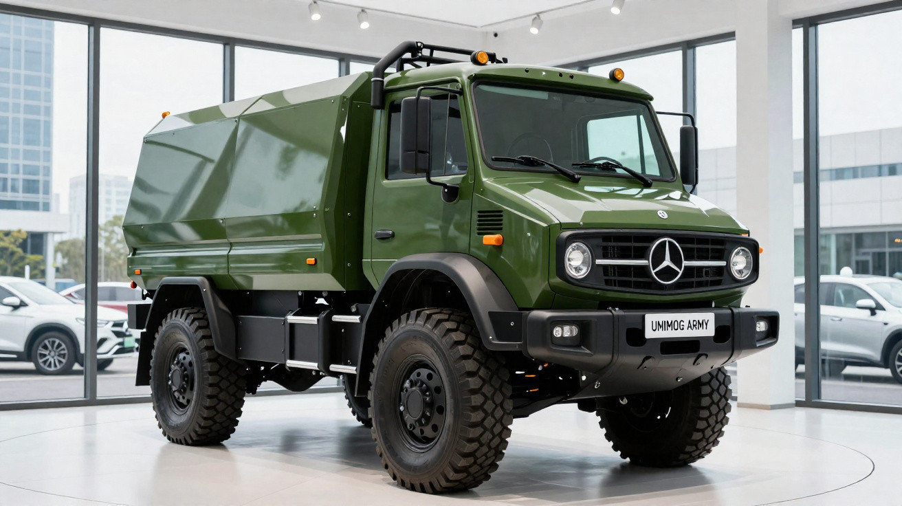 Caminhão militar Mercedes-Benz Unimog Army verde exposto em showroom moderno com grandes janelas de vidro.