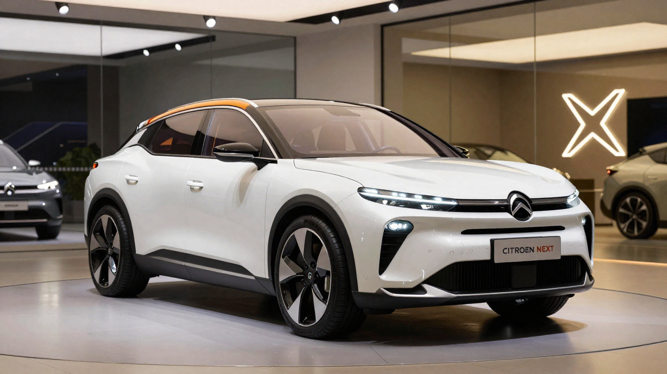 Carro elétrico Citroën branco exibido em showroom moderno com iluminação direcionada.