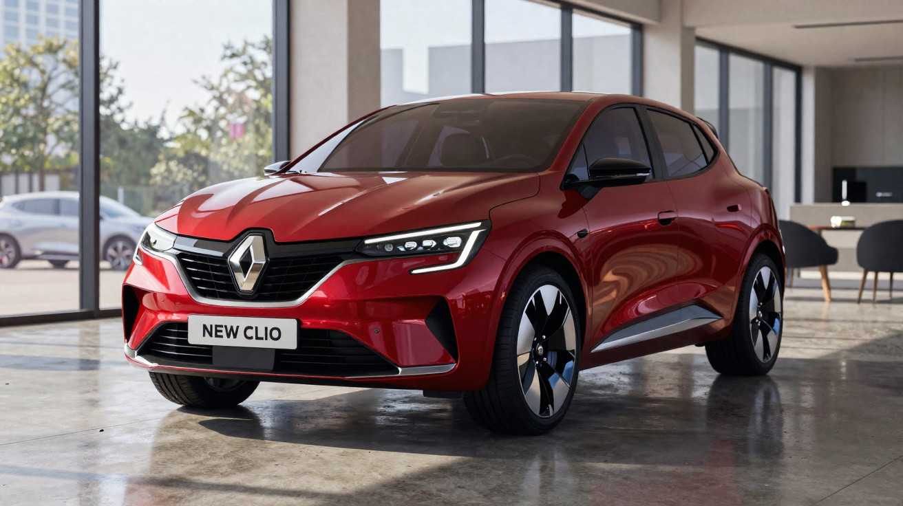 Carro vermelho Renault New Clio estacionado em ambiente interno com luz natural entrando pelas janelas.