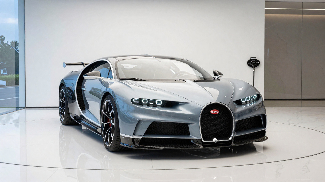 Carro esportivo Bugatti Chiron prata estacionado em showroom com parede branca e carregador elétrico.