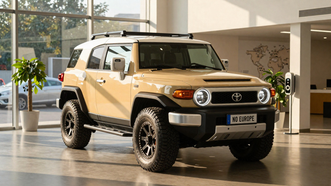 SUV Toyota FJ Cruiser bege estacionado dentro de showroom moderno com plantas ao fundo.