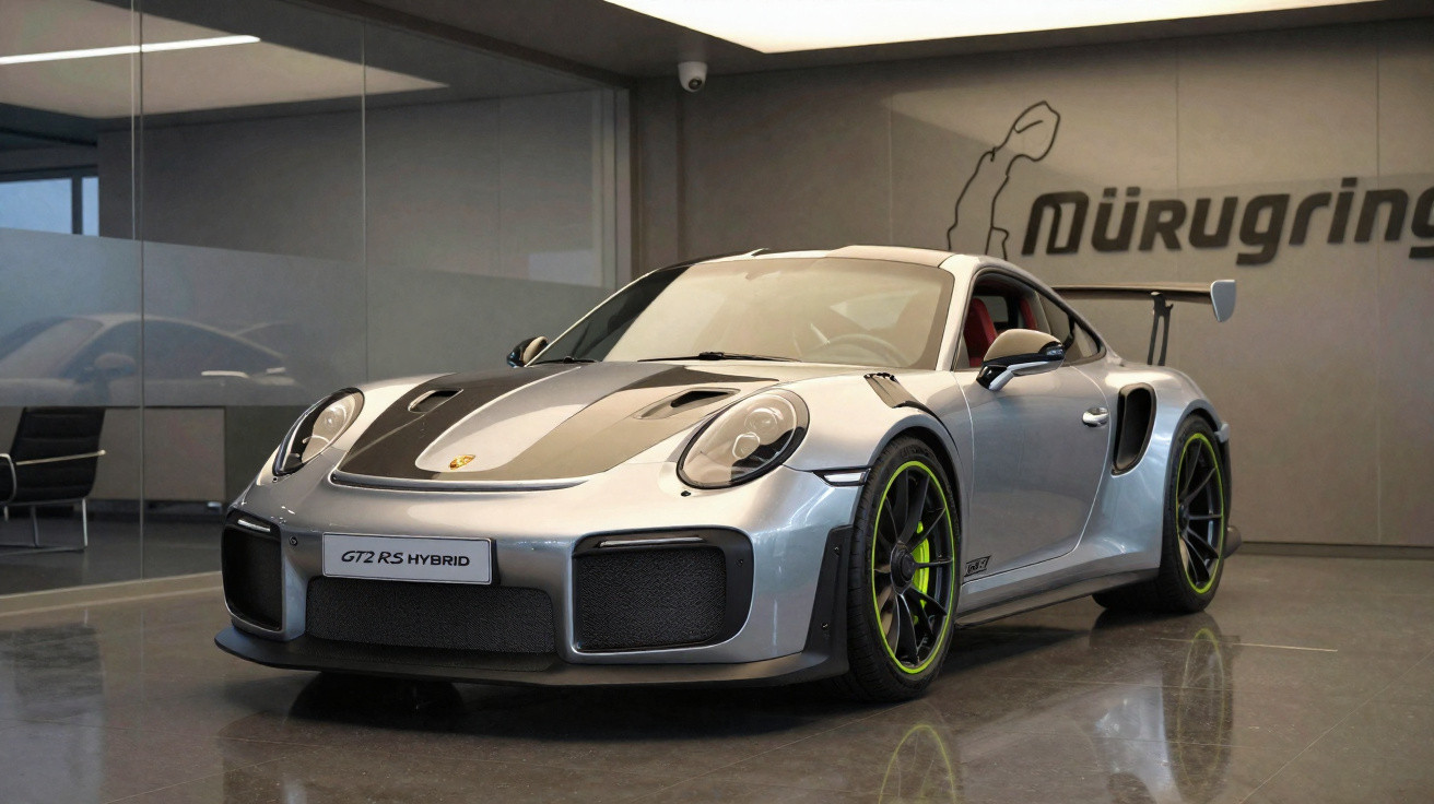 Carro esportivo Porsche GT2 RS Hybrid prata com detalhes em preto exposto em showroom do Nürburgring.