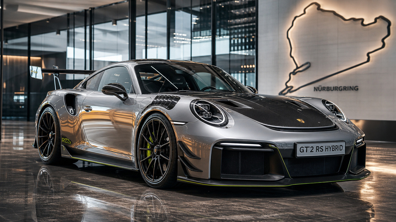 Carro esportivo Porsche GT2 RS Hybrid cinza em ambiente interno com mapa iluminado do circuito Nürburgring ao fundo.
