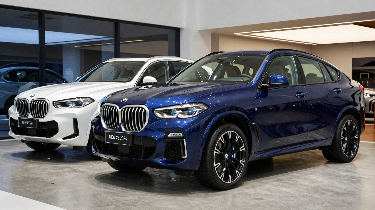 Dois carros BMW X6 2024, um azul e outro branco, exibidos em showroom moderno.