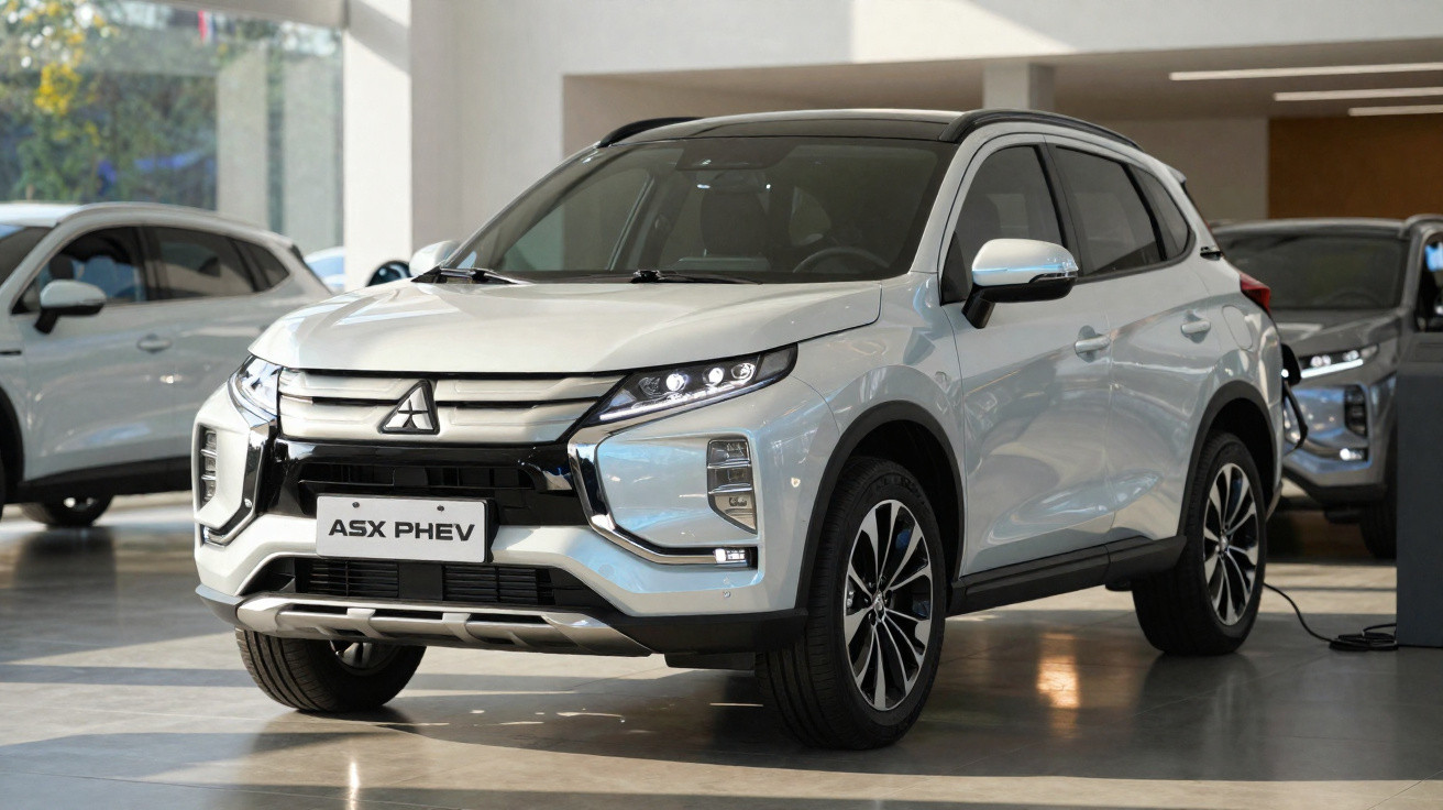 SUV Mitsubishi ASX PHEV branco em showroom com luz natural refletindo na lataria.