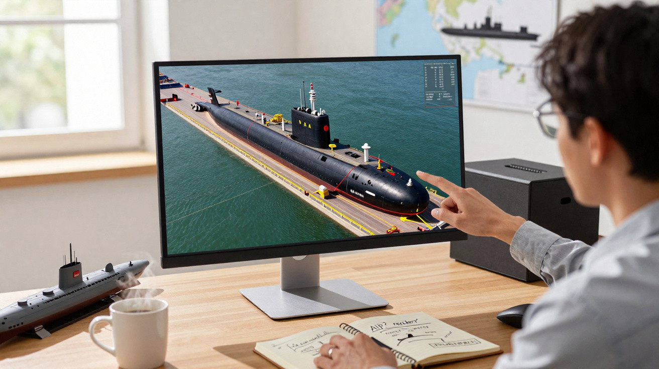 Pessoa analisando modelo 3D de submarino em computador em ambiente de escritório.