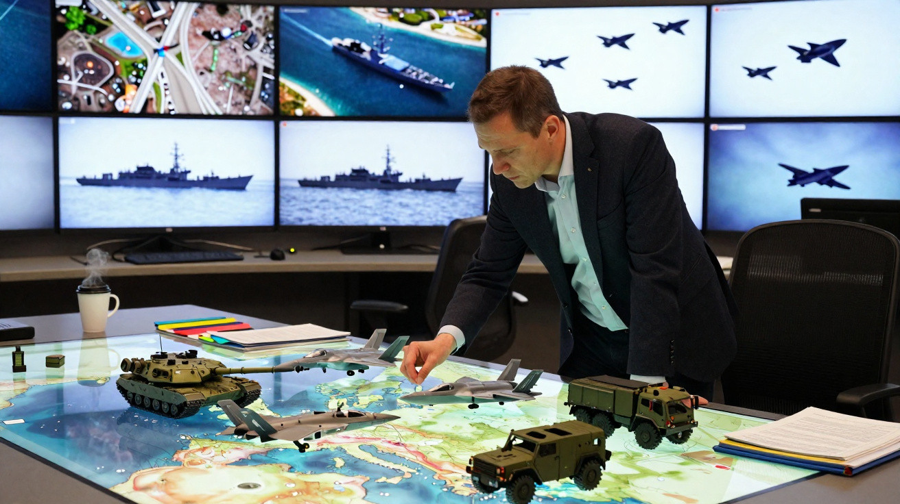 Homem em sala de comando analisa miniaturas de veículos militares sobre mapa iluminado com telas ao fundo.