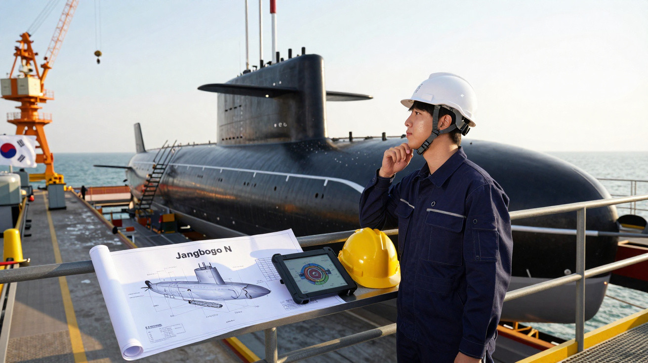 Engenheiro em uniforme e capacete branco observa submarino preto atracado, com plantas e tablet sobre mesa na plataforma.