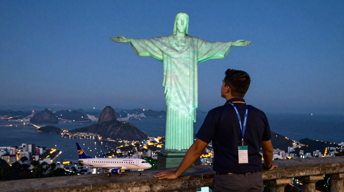 Homem observa maquete de avião com Estátua do Cristo Redentor iluminada ao fundo, no Rio de Janeiro à noite.