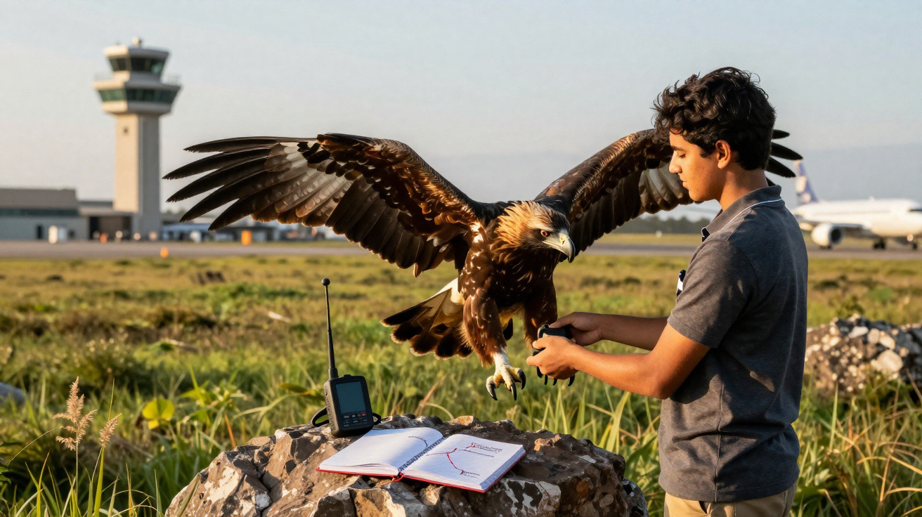 Jovem segura águia com asas abertas próximo a rádio, caderno e torre de controle em área verde de aeroporto.
