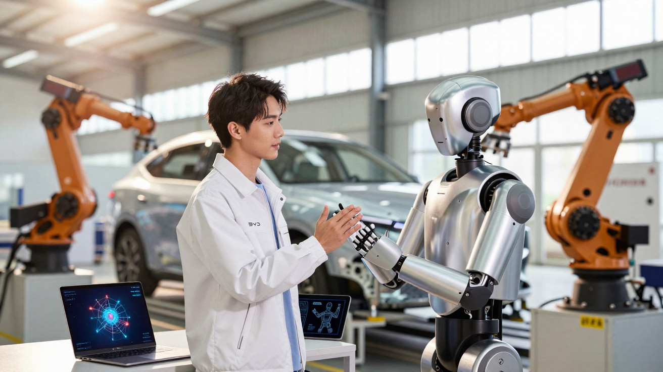 Homem em jaleco cumprimentando robô humanoide em ambiente industrial com carros e braços robóticos.