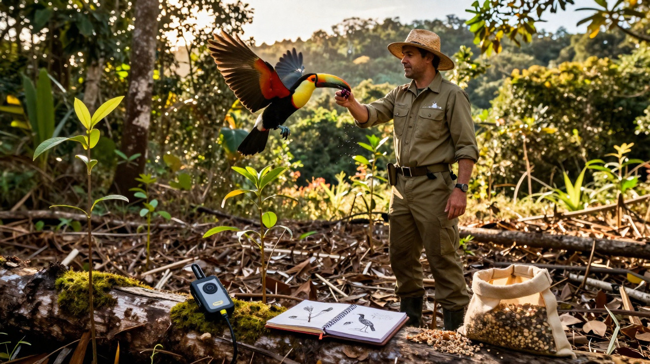 Homem em floresta alimenta tucano enquanto observa desenho da ave em caderno aberto sobre tronco.