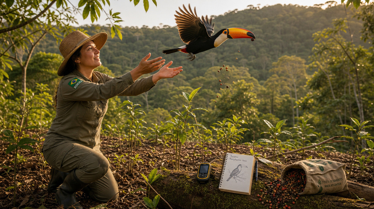 Mulher em uniforme libera tucano na floresta, cercada por plantas, caderno, GPS e sementes no chão.