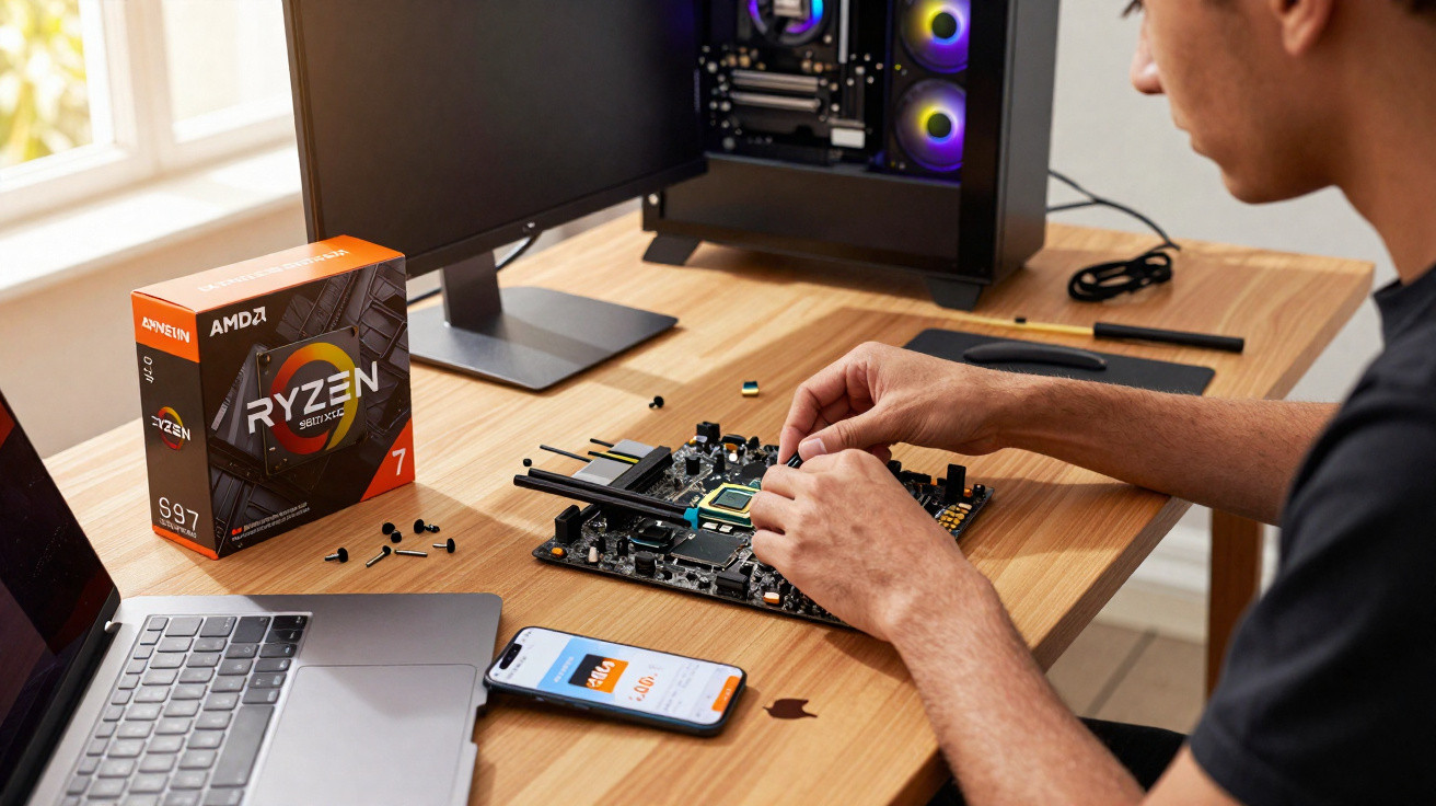 Pessoa instalando processador AMD Ryzen em placa-mãe sobre mesa com computador aberto e notebook ao lado.