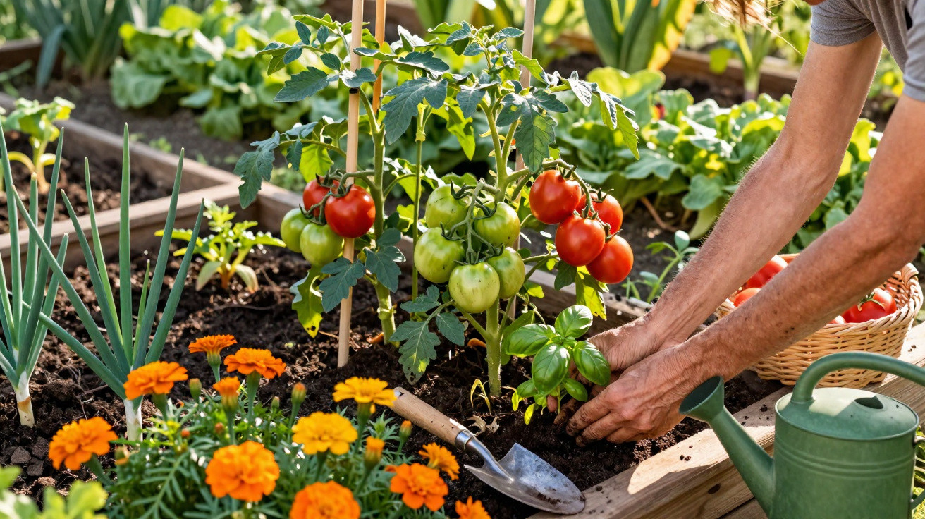 Pessoa cuidando de plantas e tomates maduros em canteiro de horta com flores e regador ao lado.