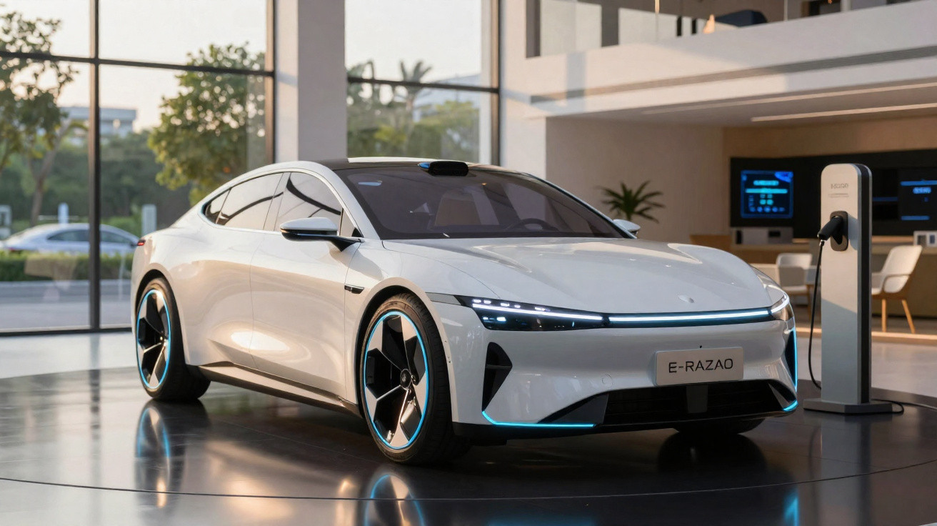 Carro elétrico branco E-Razao em exposição, próximo a estação de carregamento em ambiente moderno.
