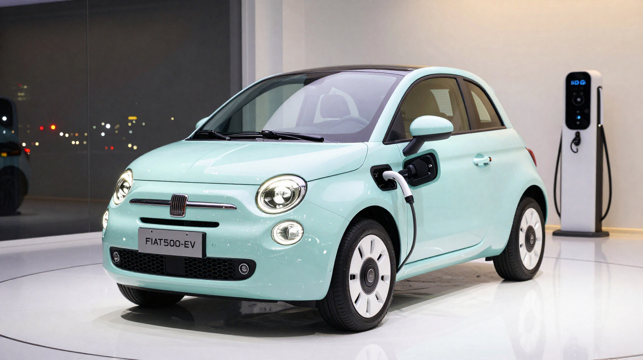 Carro elétrico Fiat 500 EV azul claro sendo carregado em estação de recarga interna moderna.