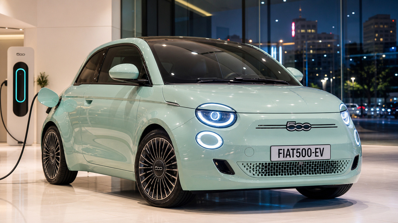 Carro elétrico Fiat 500 EV verde claro sendo carregado em estação interna à noite.