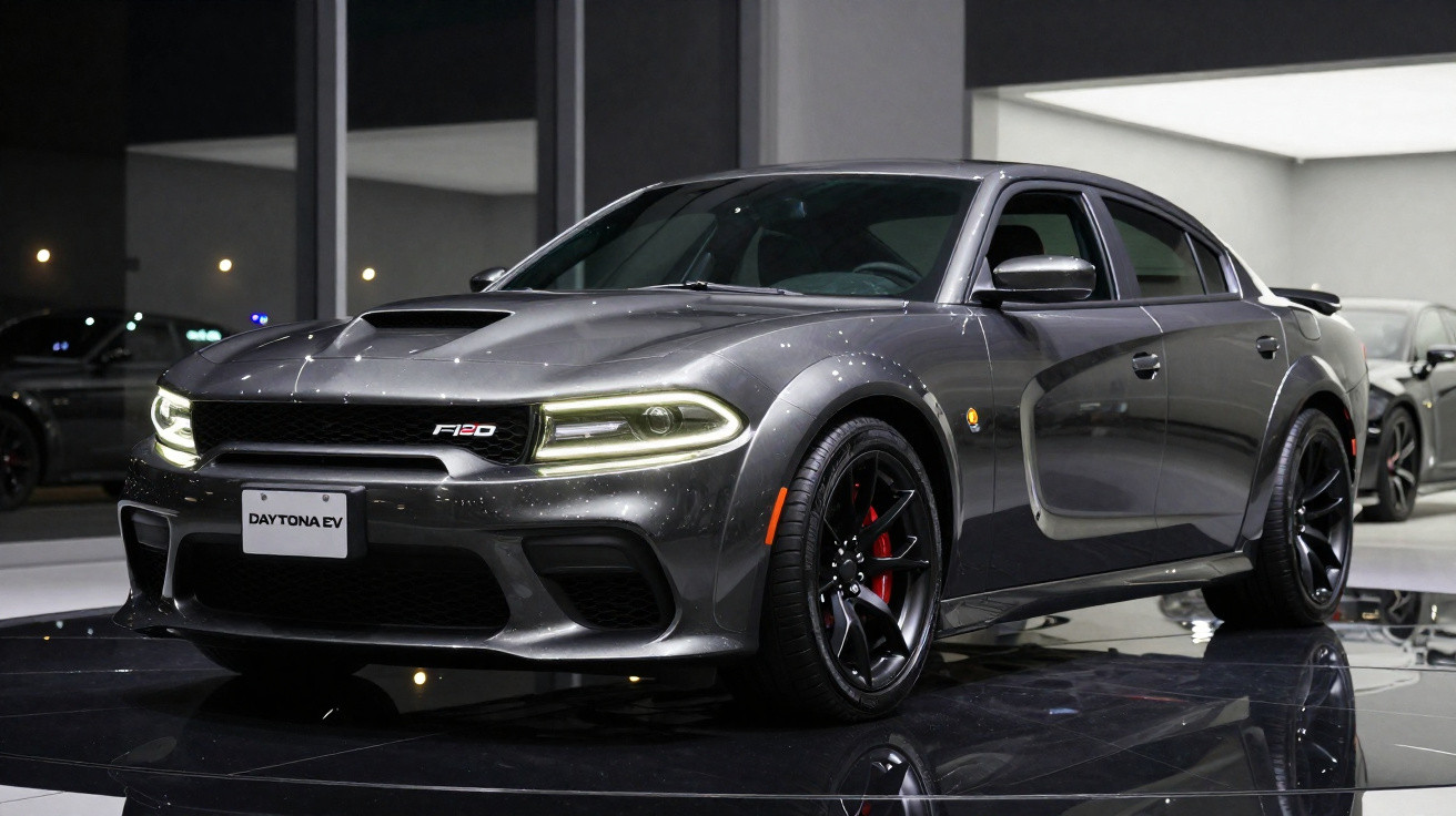 Carro esportivo cinza escuro Dodge Daytona EV exibido em salão automotivo com faróis acesos.