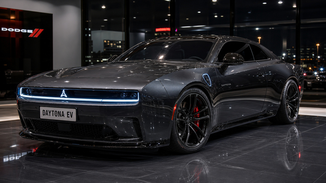 Carro elétrico esportivo Dayton EV cinza escuro em exposição noturna em showroom moderno.