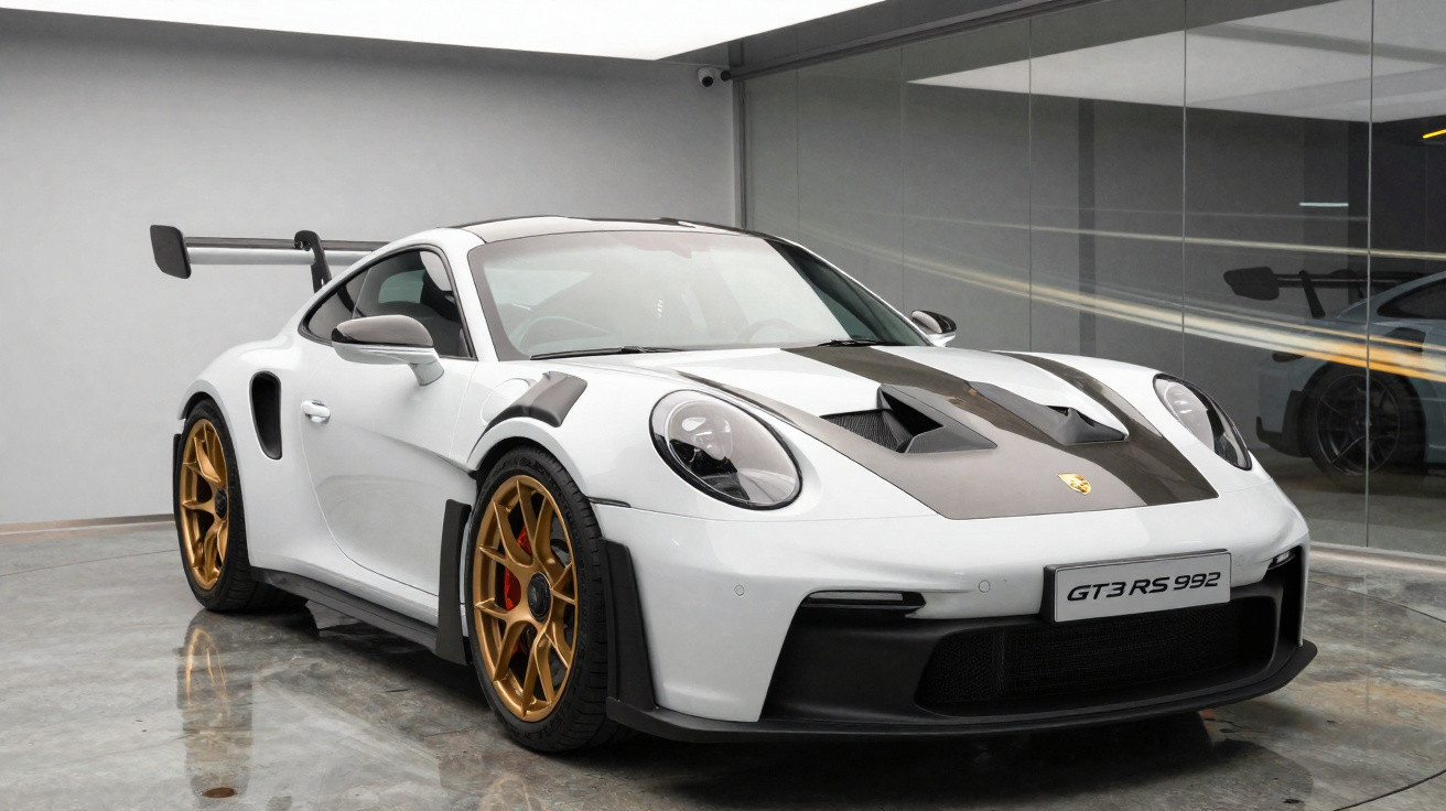 Esportivo Porsche GT3 RS 992 branco com detalhes em preto e rodas douradas estacionado em garagem moderna.