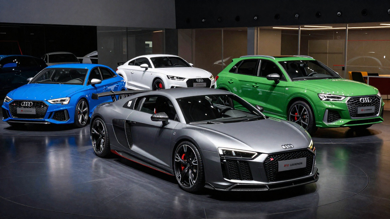 Conjunto de quatro carros Audi esportivos em exibição, incluindo um R8 cinza em primeiro plano.