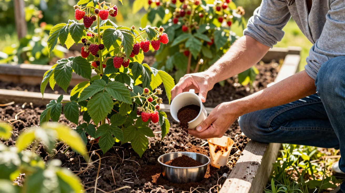 Pessoa adiciona pó de café no solo próximo a plantas de framboesa vermelha em canteiro de jardim.