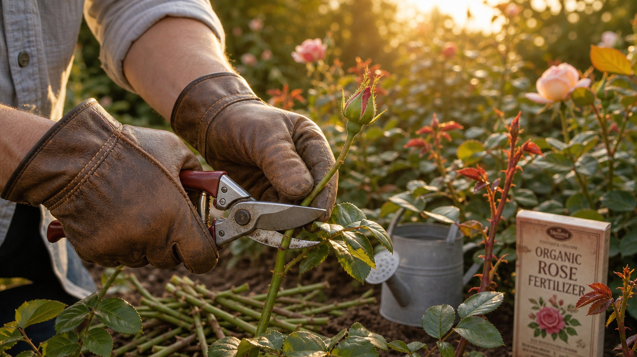 Pessoa com luvas de couro podando caule de rosa em jardim ao pôr do sol, com regador e fertilizante ao fundo.