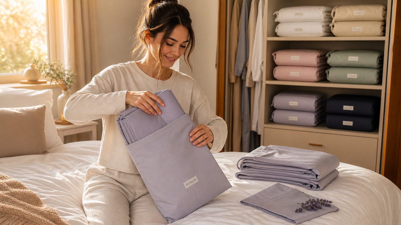 Mulher sorridente organizando roupa de cama lilás em quarto iluminado e arrumado.