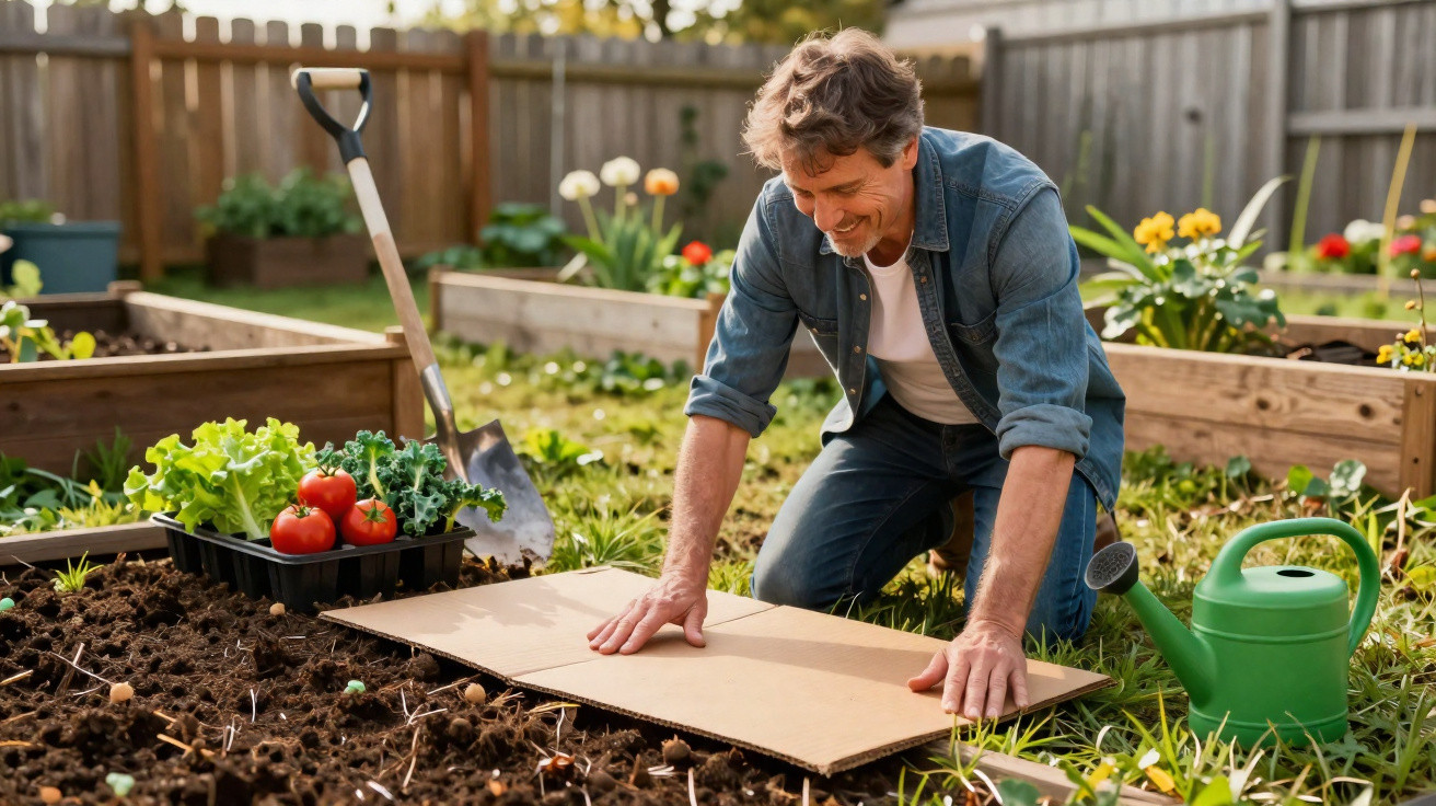 Homem sorridente preparando solo no jardim com regador, pá e legumes ao redor em canteiro elevado.