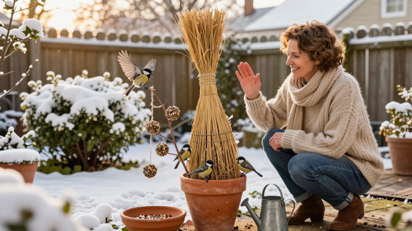 Mulher agachada em jardim com neve alimenta pássaros que pousam em vaso de plantas.