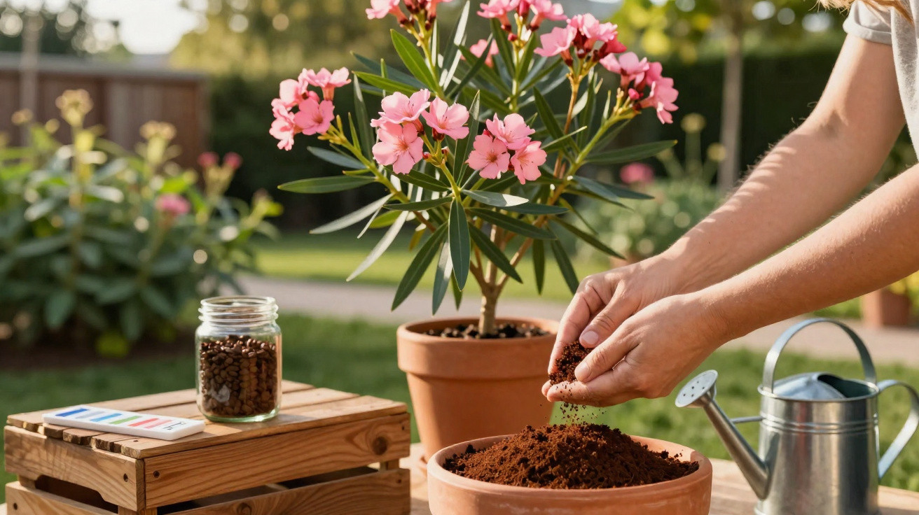 Mãos preparando terra para plantar flor rosa em vaso, com regador e pote de sementes ao lado em jardim ensolarado.