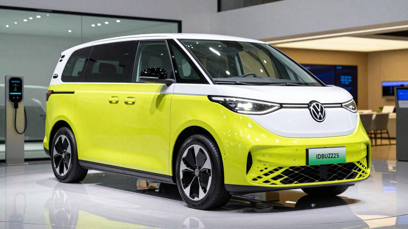 Carro elétrico Volkswagen ID.Buzz branco e amarelo exposto em salão de automóveis moderno.