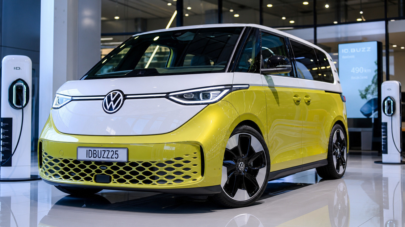 Carro elétrico Volkswagen ID.Buzz amarelo e branco em showroom moderno com estações de recarga.