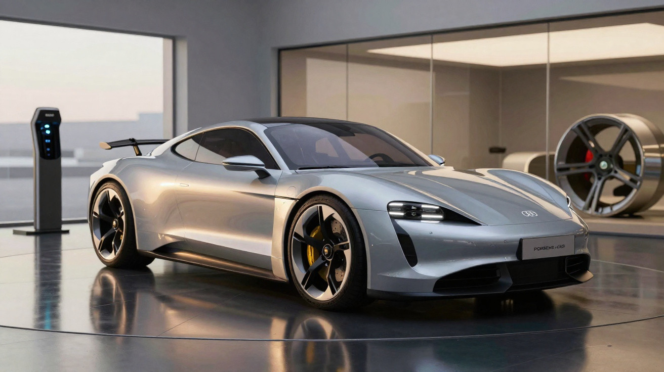 Carro esportivo elétrico prata estacionado em ambiente moderno com estação de recarga ao lado.