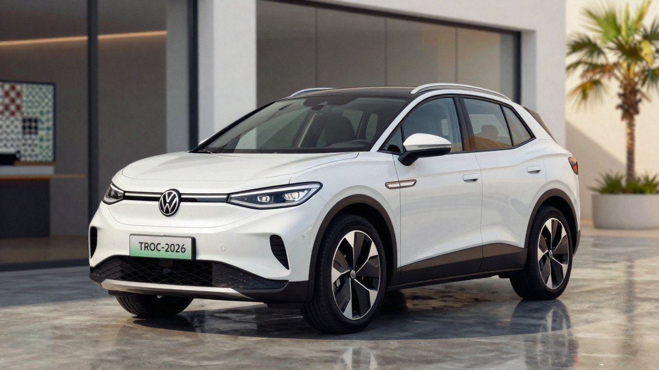 Carro elétrico Volkswagen TROC 2026 branco estacionado em área externa moderna com piso refletivo.