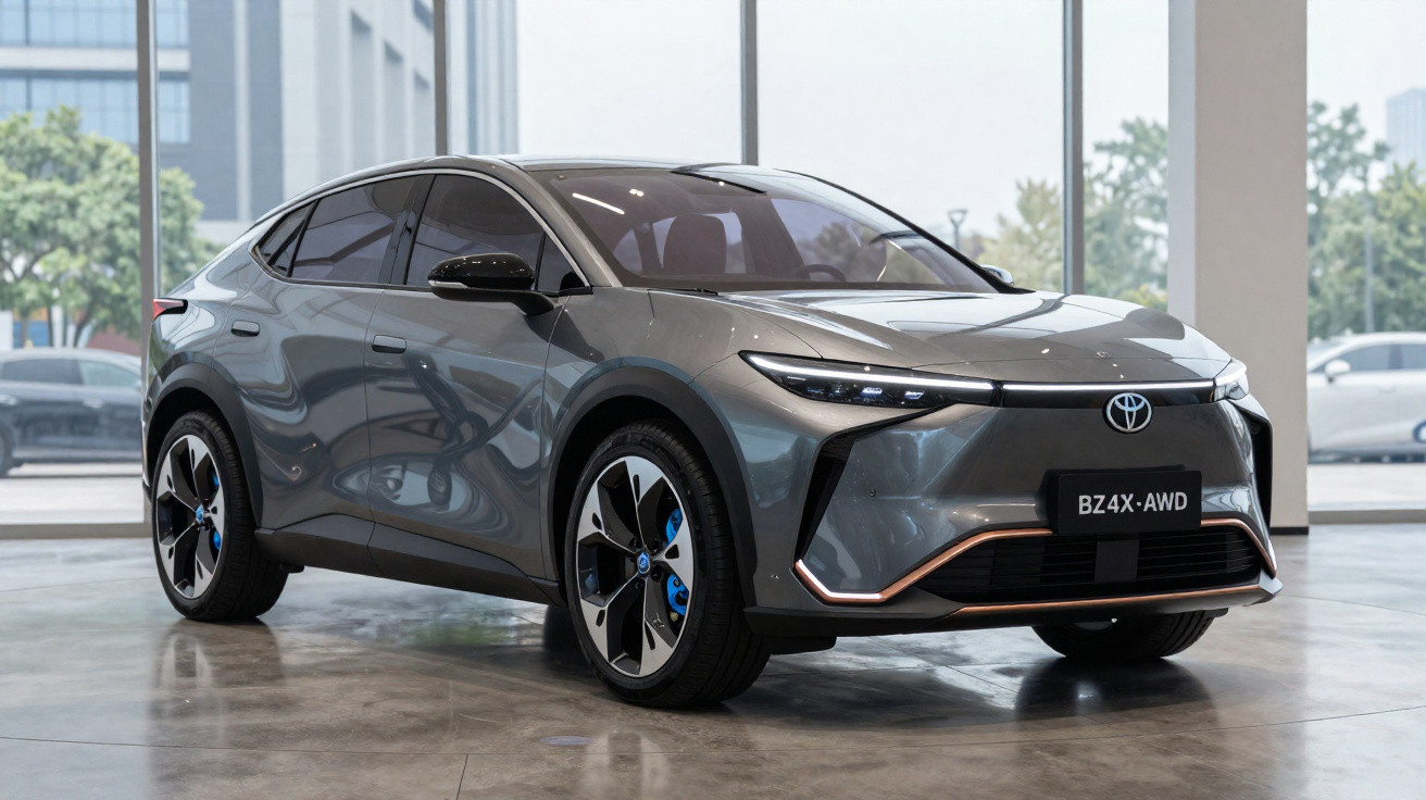 Carro elétrico Toyota BZ4X AWD cinza estacionado em showroom com vidros amplos ao fundo.