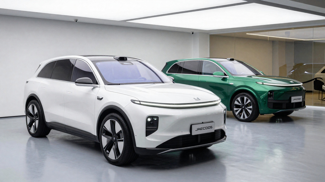 Dois carros elétricos SUV da JAC Motors, um branco em primeiro plano e um verde ao fundo em showroom.