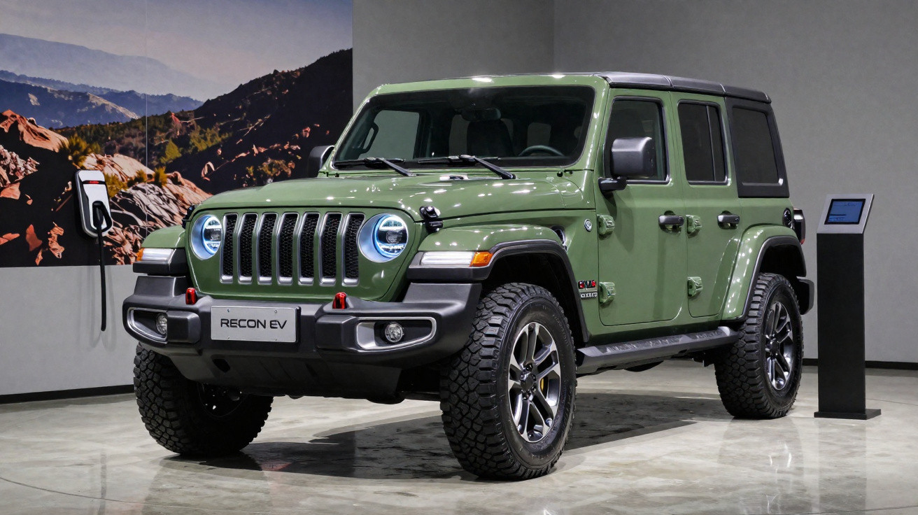 SUV elétrico verde estacionado em ambiente interno com imagem de montanhas ao fundo.