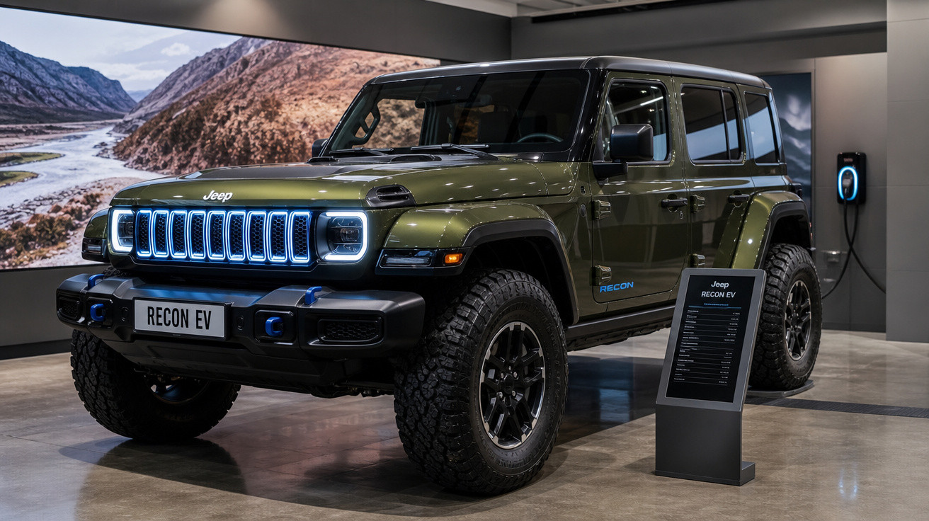 Jeep Recon EV verde exposto em showroom com painéis informativos e tomada de carregamento elétrico.