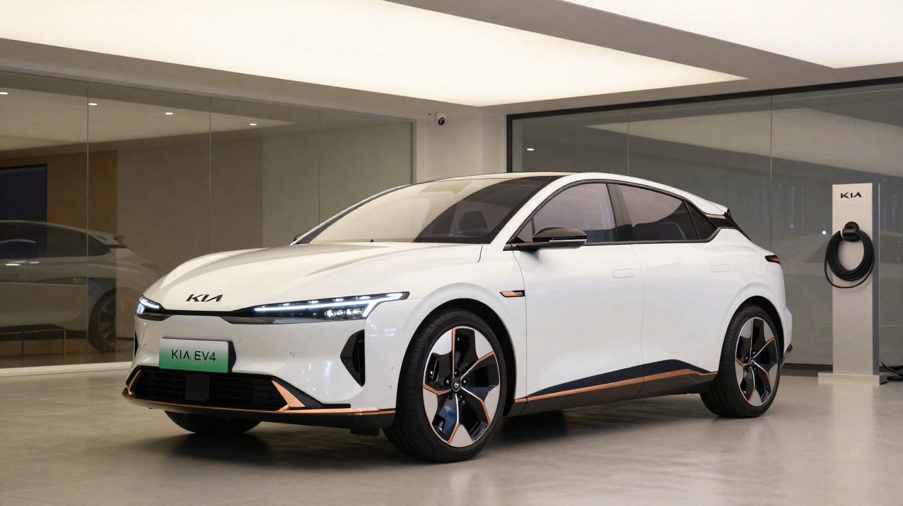 Carro elétrico Kia EV4 branco estacionado em ambiente interno moderno com estação de recarga ao fundo.