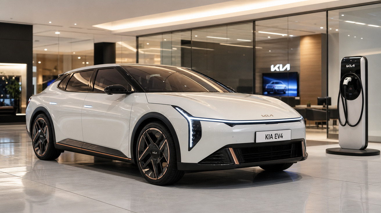 Carro elétrico branco Kia EV4 em showroom moderno com estação de carregamento ao lado.