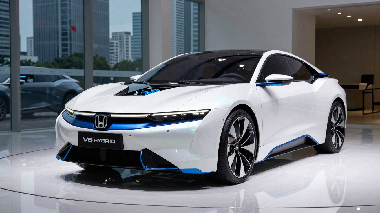 Carro esportivo branco Honda híbrido V6 exibido em ambiente interno com prédios ao fundo.