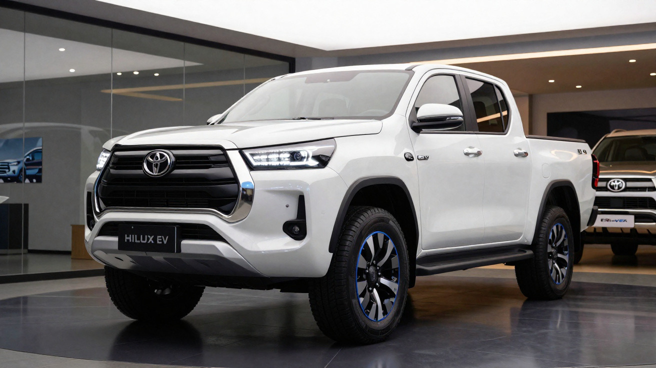 Picape Toyota Hilux EV branca em exposição em ambiente interno moderno.